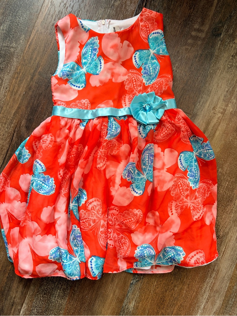 Rare Editions Girls Coral Dress with Aqua Butterfly Accents And Bow. Size 4T